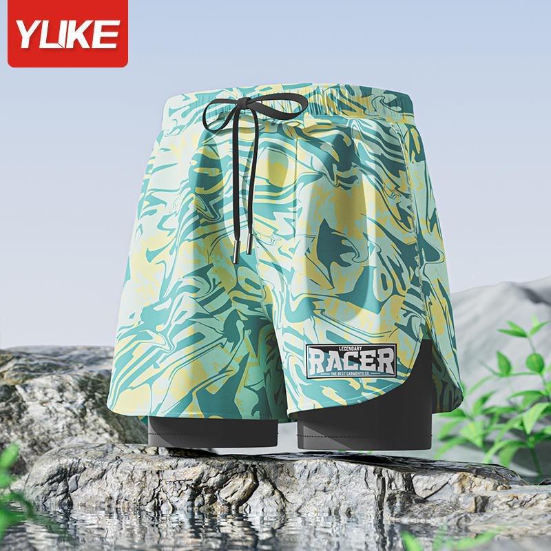 Mens Double-Layered Board Shorts Swim Trunks Beach Swimming Surfing Quick-Dry Anti-Chafe Athletic Swimwear