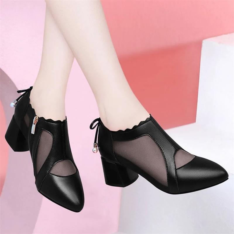Spring Summer Women's  Classic Pointed Toe Mesh Breathable Ankle Boots Lady Ankle Square Heel Shoes Middle-aged Mother's Shoes