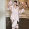 New Spring and Summer Ice Silk Thin Suspender Long-sleeved Trousers Three-piece Set Pajamas Sexy Lace Sweet Loungewear