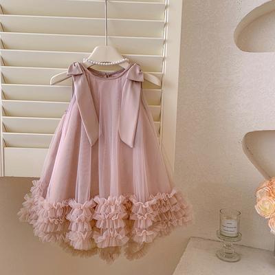Summer Girls Sleeveless Bow Solid Color Sweet Gentle Princess Dress Childrens