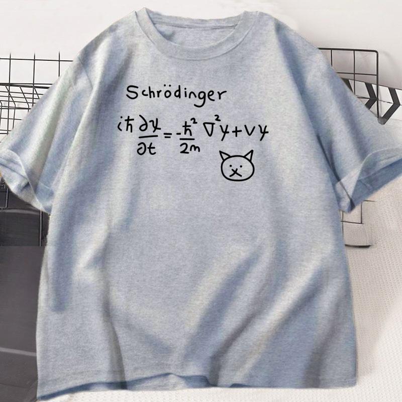 Funny Quantum Mechanics Cat Printed T-shirt Men Women Cotton Short Sleeve Tshirt Oversized Round Neck Breathable Tee Clothing