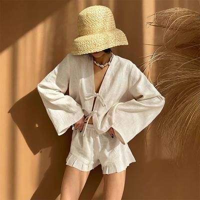 Lässiges einfarbiges Baumwoll-Shorts 2-teiliges Set für Damen Sommer locker V-Ausschnitt zum Schnüren Oberteil und elastische kurze Hosen Outfit