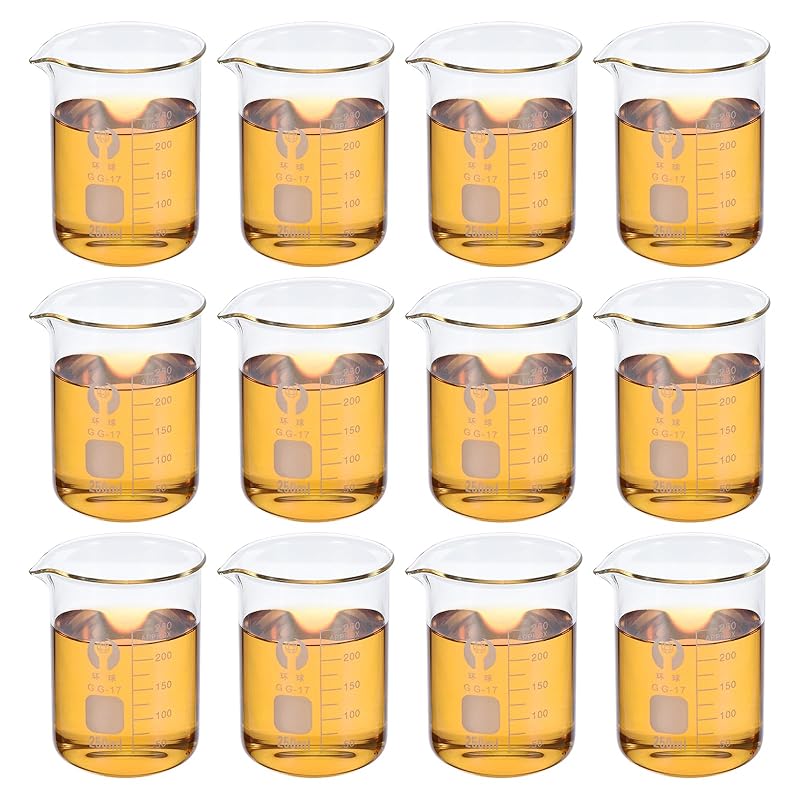 PATIKIL 50ml Low Form Glass Beaker, 12 Pack 3.3 Borosilicate Glass Graduated Printed Scale Measuring Cups with Spout for Kitchen Lab Liquids
