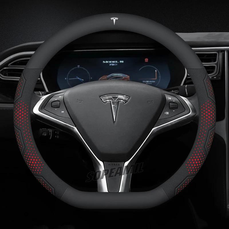 TDMC1 For Tesla Roadster Model 3 Model Y Model S Model X Car Leather Carbon Fiber Anti-Slip Protector Steering Wheel Cover Accessories