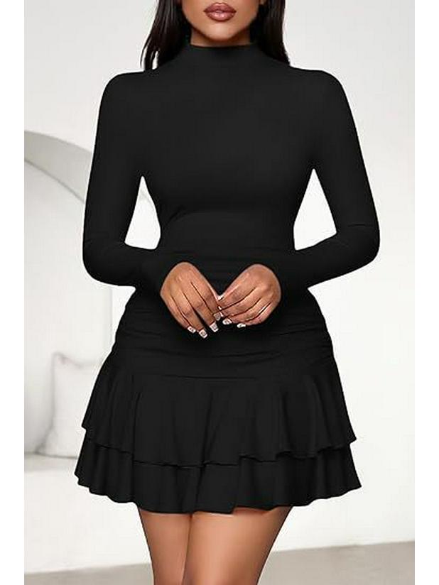 Falda corta ajustada de color liso para mujer 2025 con cuello alto y mangas largas para otoño e invierno