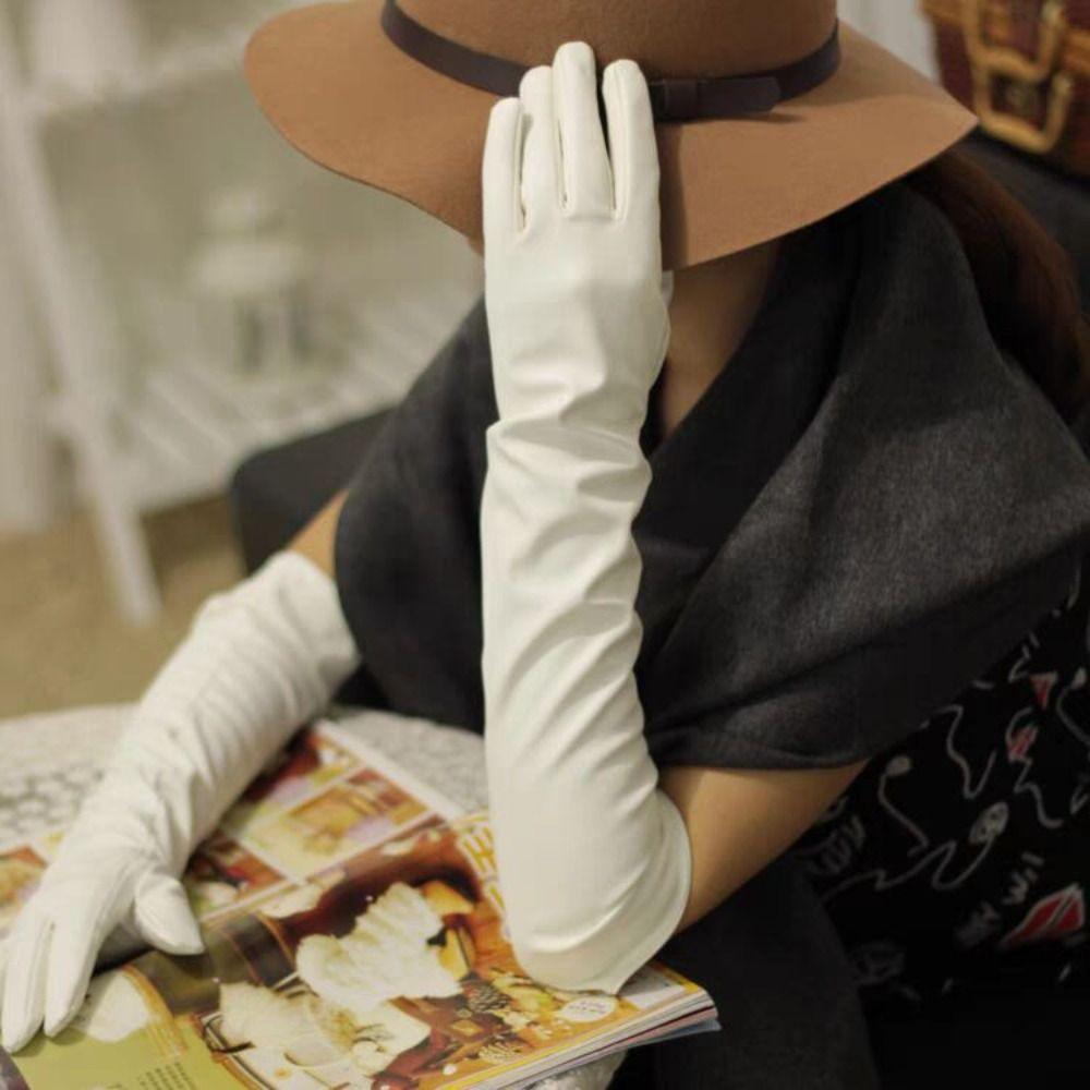 Solid Color Pu Leather Gloves   Mittens Long Gloves  Stage Performance