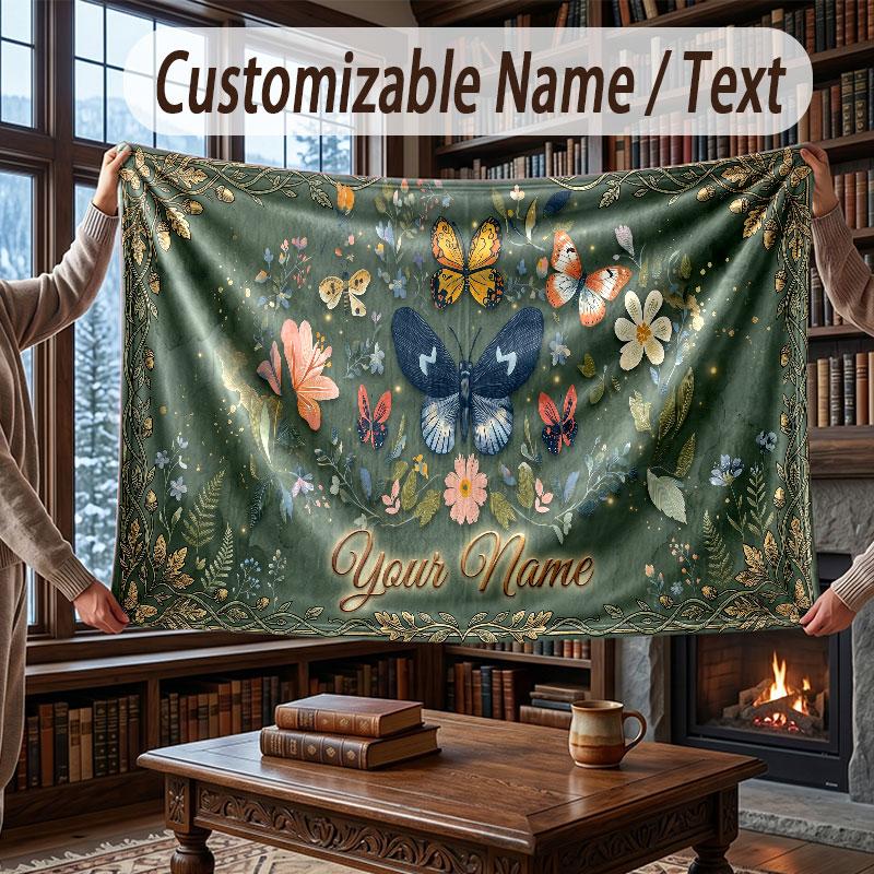 Butterfly Theme Throw Blanket Custom Name Text Personalized Blanket Soft Cozy Blanket for Home Sofa Bed
