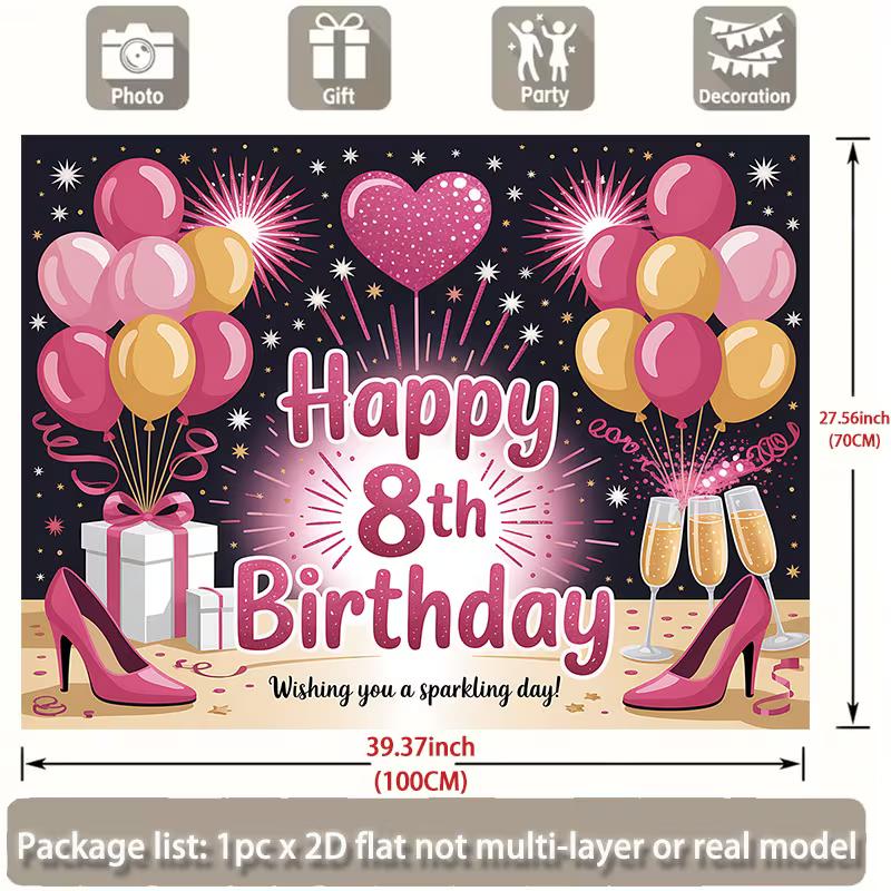 2D Happy 8th Birthday Backdrop for Girl's Glitter Party Photoshoot