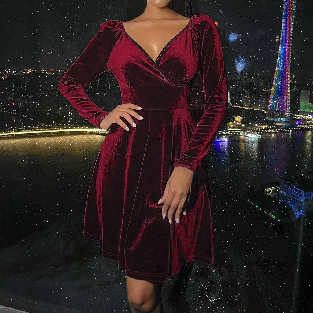 Dámská móda A Zimní Sexy Sametové Šaty s Výstřihem do V Malé Šaty