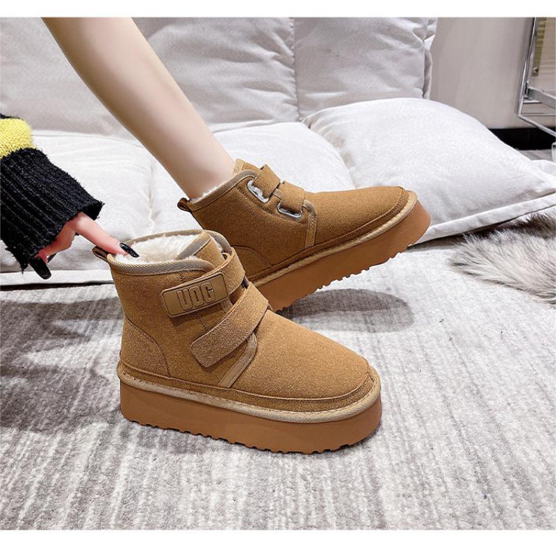 Moda iarnă în aer liber Cizme de zăpadă pentru femei, pantofi caldi de pluș, clasici, cu platformă ultra, piele de căprioară de vacă, cizme plate cu cârlig și buclă