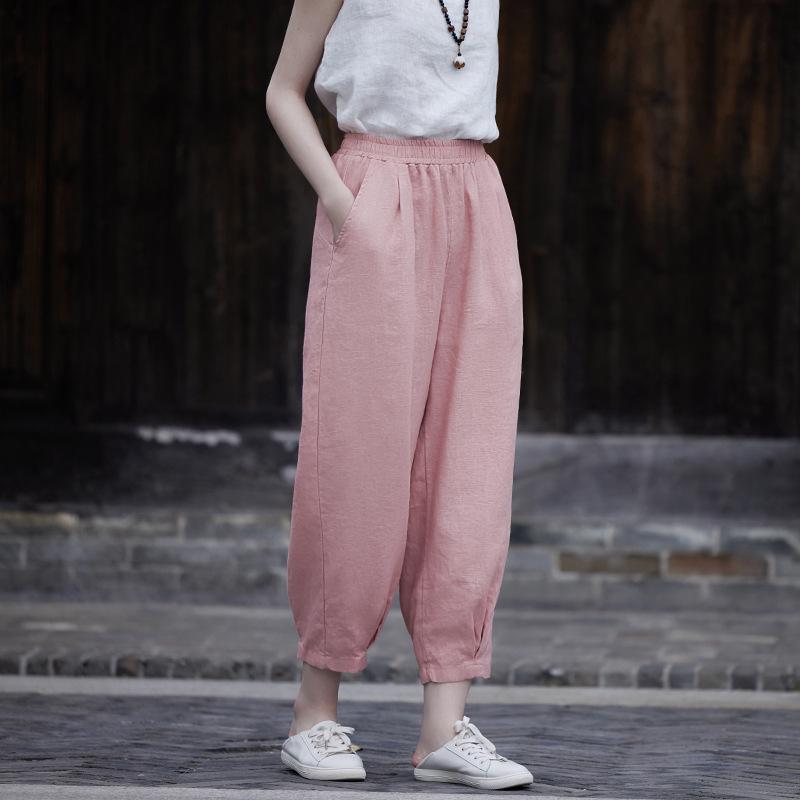 Johnature Women Cotton Linen Solid Color Straight Pants Elastic Waist Pockets Autumn Casual Pants Soft Fall Trouser