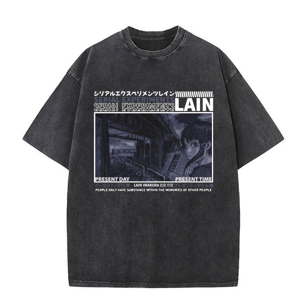 Japanese Anime Serial Experiments Lain Vintage Washed T Shirt Manga Iwakura Girl Sci Fi T-shirts Men 100% Cotton Casual T Shirt