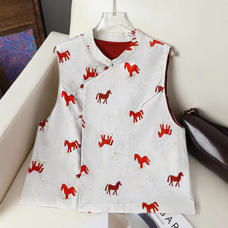 Women's Retro Jacquard Vest: Stand Collar, Horse Pattern, Frog Button, Elegant Cape, Chinese Style, Single-Breasted Cardigan.