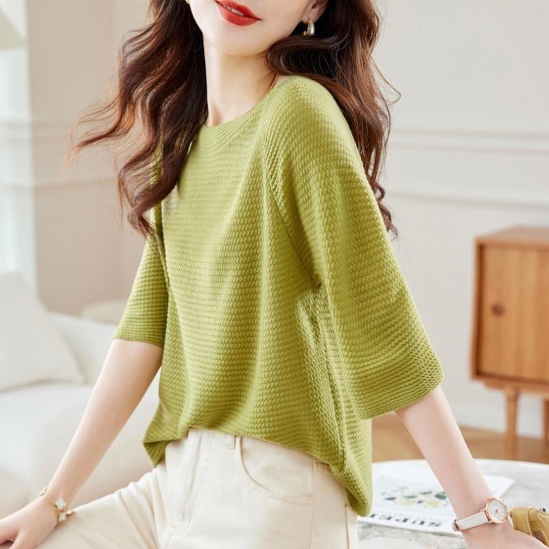 Crew neck medium sleeve T-shirt women's spring and summer new elegant style loose thin knitted sweater fashion pullover sweater women