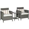 3 Pieces Rattan Bistro Set, Wicker Garden Furniture Set, Glass Top 2-tier Coffee Table and Chairs Set with Pillows and Washable Cushions for Outdoor