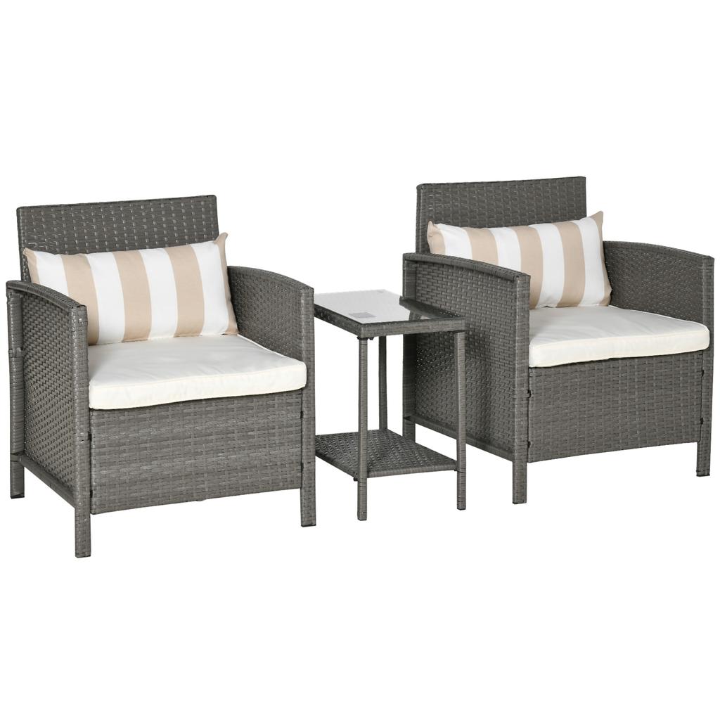 3 Pieces Rattan Bistro Set, Wicker Garden Furniture Set, Glass Top 2-tier Coffee Table and Chairs Set with Pillows and Washable Cushions for Outdoor
