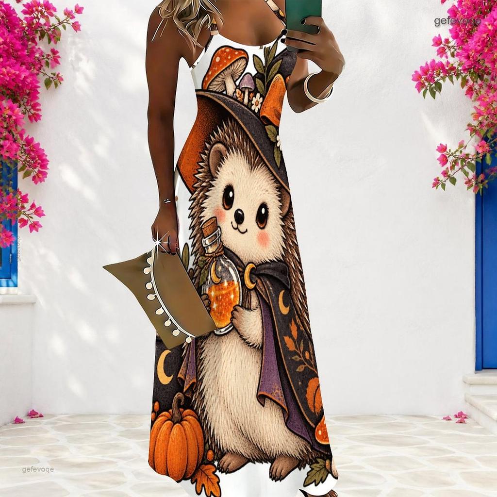 Women Plus Size Scoop Neck Strappy Sleeveless White Halloween Sloth Pumpkin Printed A Line Long Dress