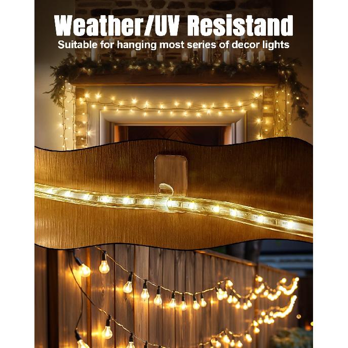 LZC Hooks for Outdoor String Lights Clips: 20 Pack Large Clear Rectangle Outdoor Light Clips Waterproof Adhesive Strips - Heavy Duty Outside Hanging