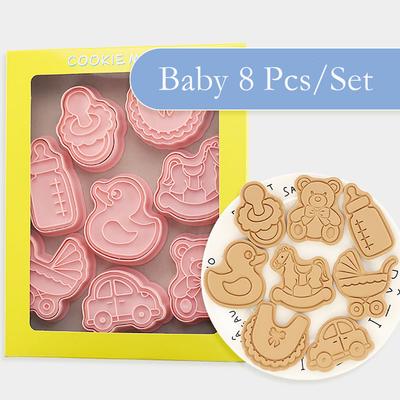 8 Stück Baby-Cartoon-Keksformen mit 3D-Bär, Babyflasche, Trojaner-Kinderwagen-Muster, PP in Lebensmittelqualität, süße Gebäck-Keksformen, Backform-Werkzeug für Zuhause und die Küche