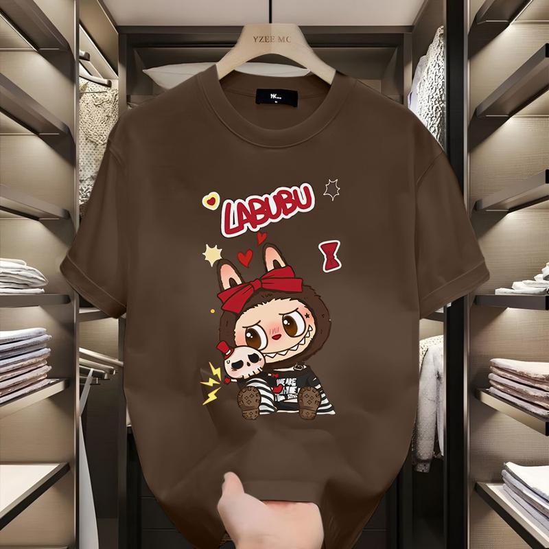 Polyester Fiber Material Fun Cartoon 3D Printing Labbubu Loose Short-sleeved T-shirt Round Neck Top Unisex