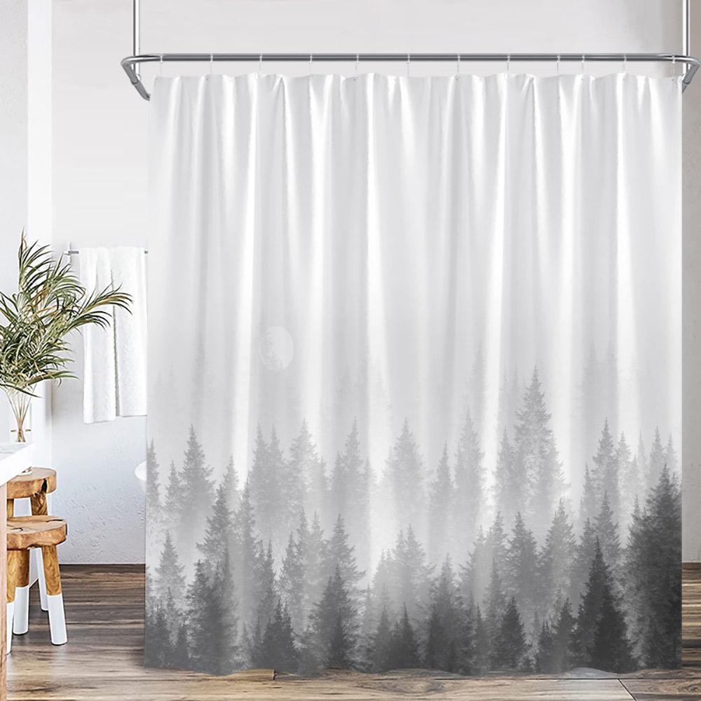 Misty Forest Shower Curtain Foggy Woodland Cloud Pine Tree Nature Nordic Bathroom Decor Modern Minimalist Bath Curtain with Hook