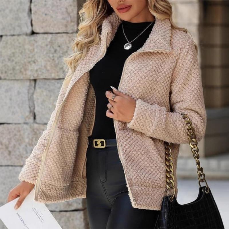 Women S Loose Casual Plush Coat With Pockets Lapel Zip Up