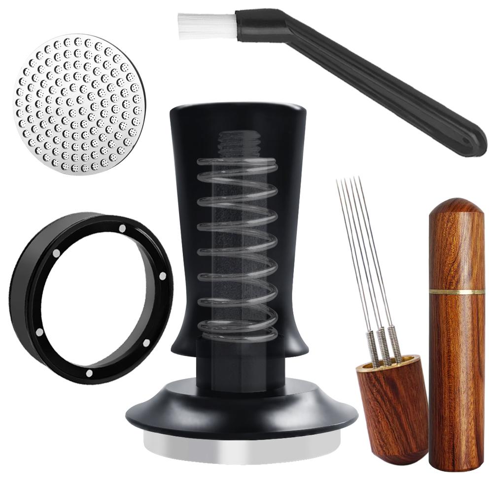 51/53/58mm Espresso Tamper, 5Pcs/Set Coffee Tampers Tools with WDT Stirrer Tool, Puck Screen, Dosing Funnel, Cleaning Brush