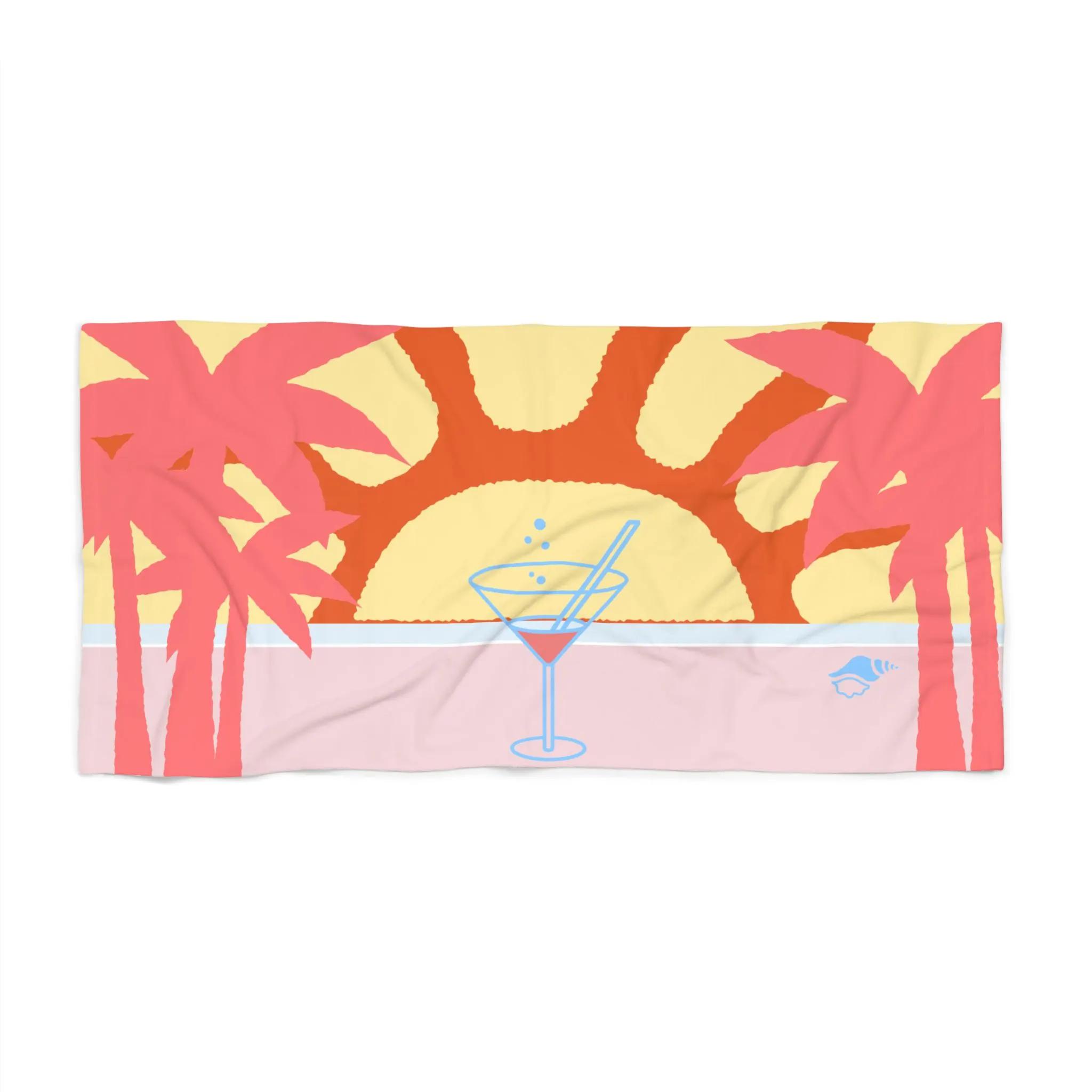 1PC Sunset Palm Cocktail Beach Towel Retro Tropical Boho Design for Pool Cruise Vacation Travel W40*H60(CM)