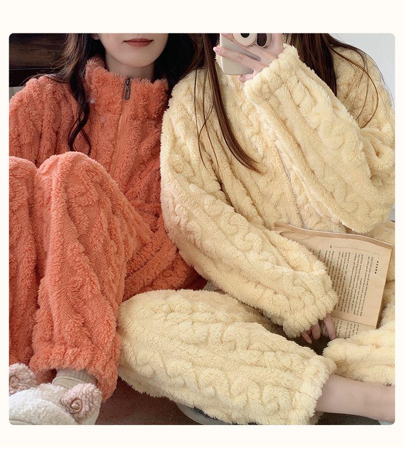 Women's 2024 Milk Yellow Coral Fleece Pajamas with Velvet Lining and Zipper for Fall/Winter Wear.