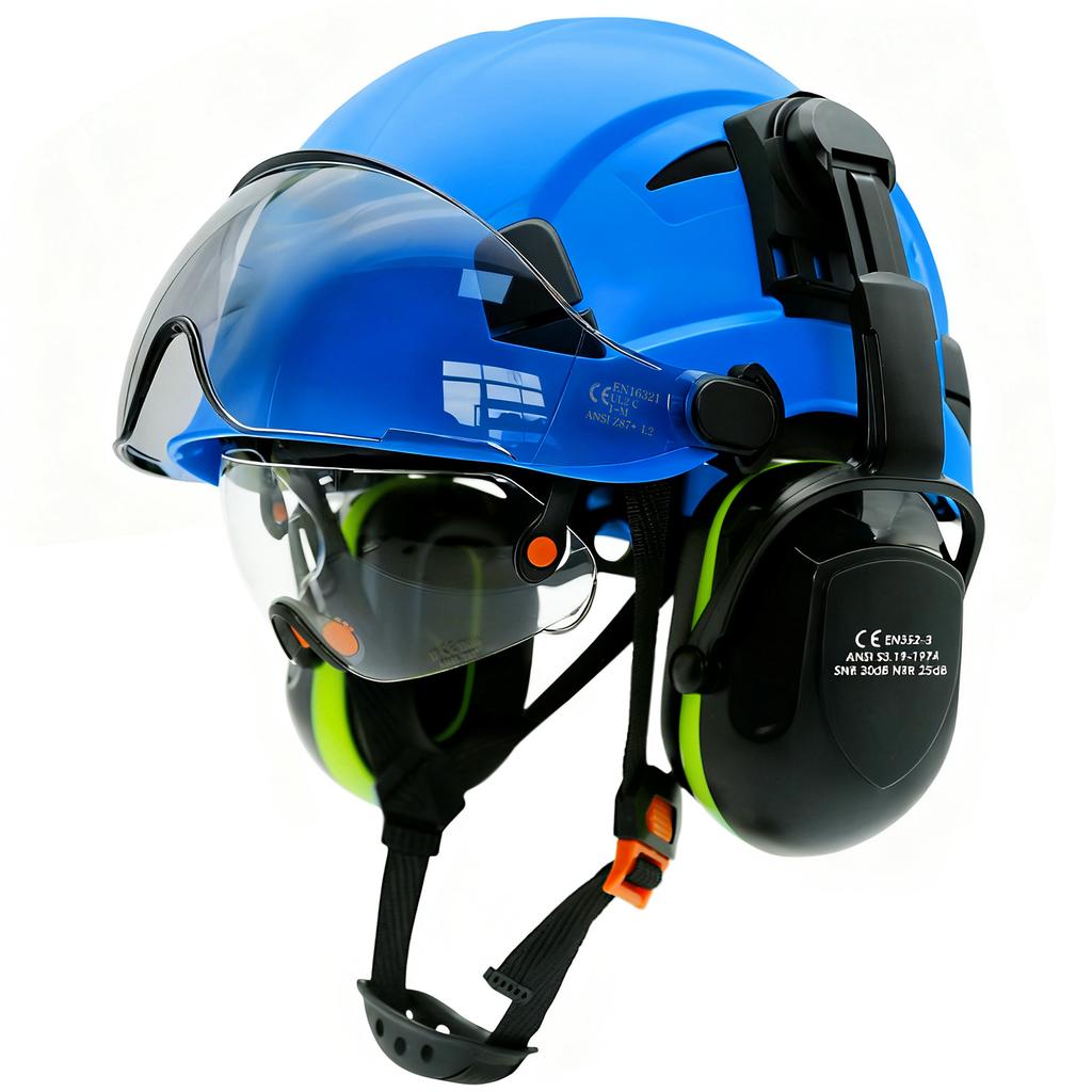 Casco di Sicurezza con Visiera Integrata Occhiali di Protezione Colore a Contrasto Paraorecchie Riduzione del Rumore per Ingegnere Elmetto da Lavoro Industriale ANSI