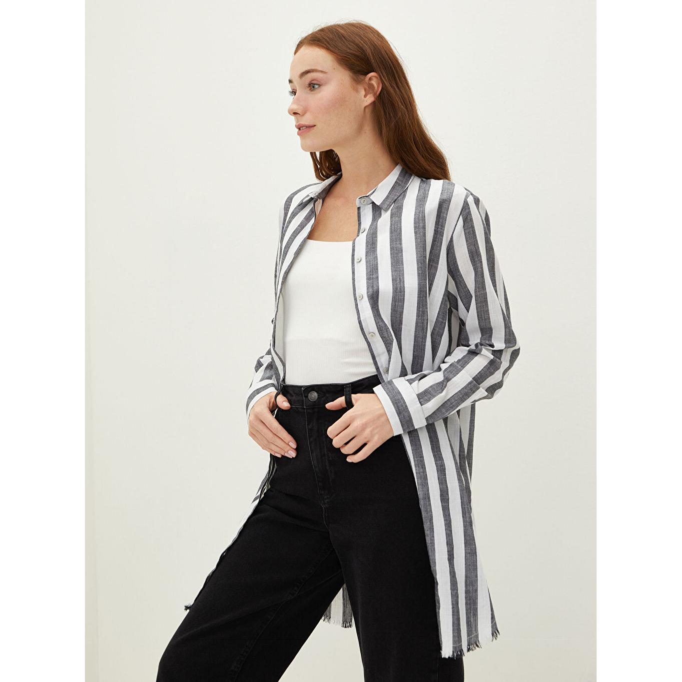 

LCW CLASSIC Хлопковая женская туника с воротником-стойкой в полоску с длинным рукавом, черная