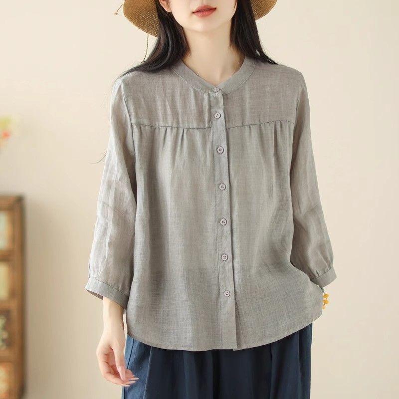 Spring/Summer Retro Slimming Cotton Linen Cardigan - Women's Seven-Sleeve Shirt