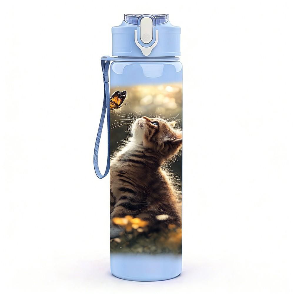 1PC Kitten Night Moon Forest Print 750ml Color Plastic Sports Water Bottle Leakproof Flip Straw Lid Suitable for Sports Office Home Use