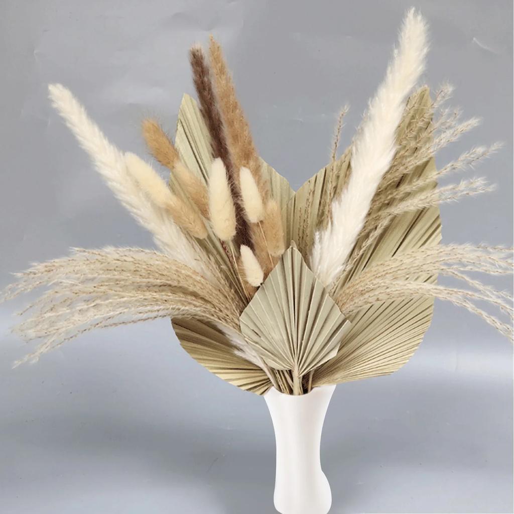 19pcs Simulation Palm Leaf Reed Rabbit Tail Grass Pampas Grass Flower Bundle Bohemian Wedding Home Decor Flowers Bouquet