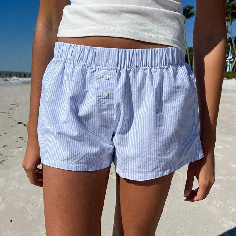 

British Two-Button Blue and White Stripes Low Waist Casual Shorts Blue S