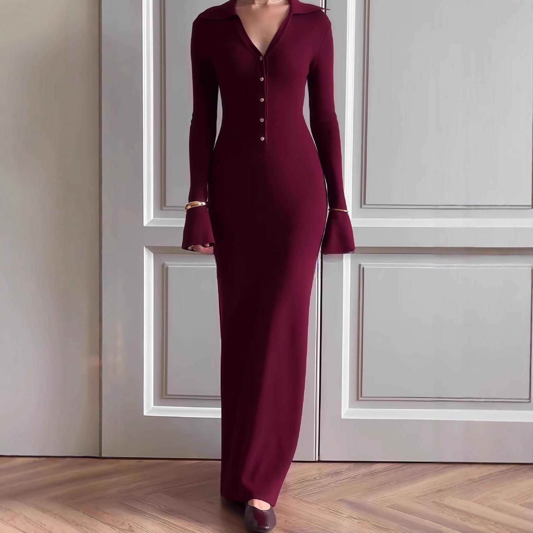 

Осень 2025 Европейское и американское женское облегающее платье-свитер длинной вязки, подчеркивающее талию XL вино красного