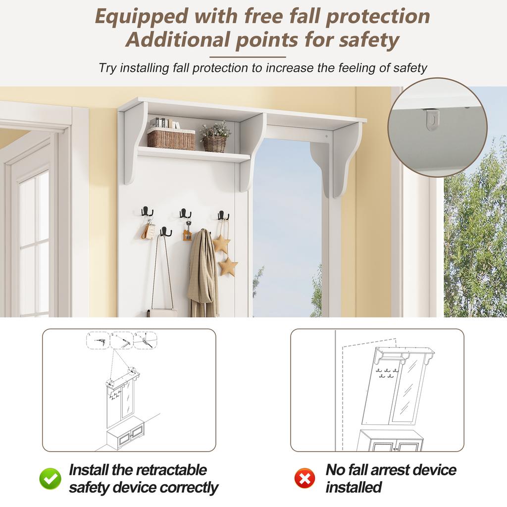 100*40*180cm Hallway Wardrobe with Mirror, 5 Coat Hooks, 2 Cabinets and Shelf, Hallway Coat Stand Clothes Rack with Shoe Cabinet, White