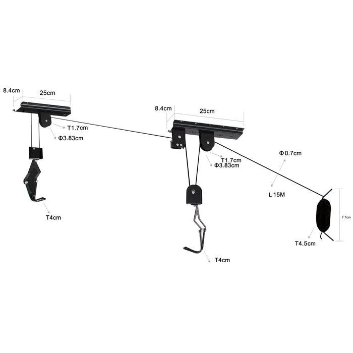 Wiltec Support ascenseur vélo 20 kg, 77 x 45 mm / 84 x 250 mm, Porte bicyclette, Rack de rangement garage stockage élévateur plafond