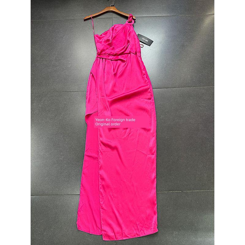 

Export Single Do + B * Home Classy Smooth Material One Shoulder Asymmetrical Elegant Dinner Suit Twisted Waist Tight Dress Rose red one-shoulder skirt S