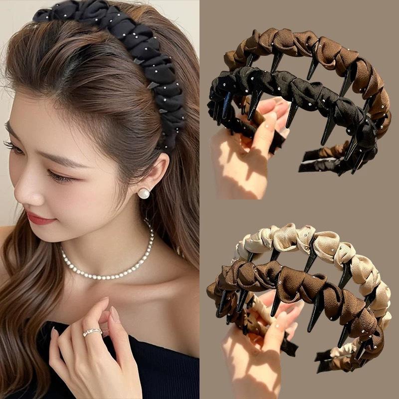 Fluffy High-crowned Headband with Satin, Sparkling Rhinestones, and Teeth; Non-slip; High-end, Luxurious Hair Accessory