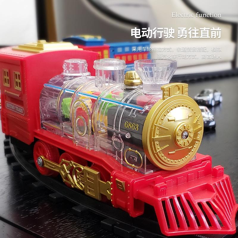 Children'S Electric Sound And Light Steam Transparent 7-Color Wheel Track Train Diy Assembly Track Ejection Car Toy
