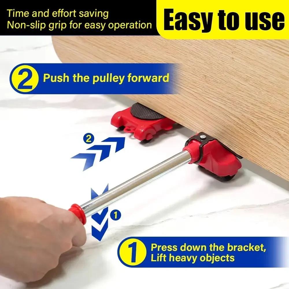 5Pcs/Set Heavy Duty Furniture Lifter with Wheel Bar Save Effort Furniture Moving Tools 360-degree Universal Casters