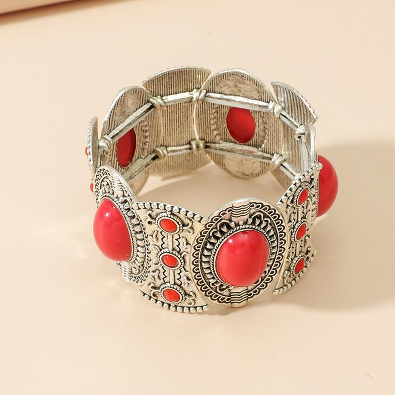 Vintage Boho Imitation Turquoises Elastic Bracelets Bangles for Women Ethnic Carved Silver Color Metal Bracelet Vacation Jewelry