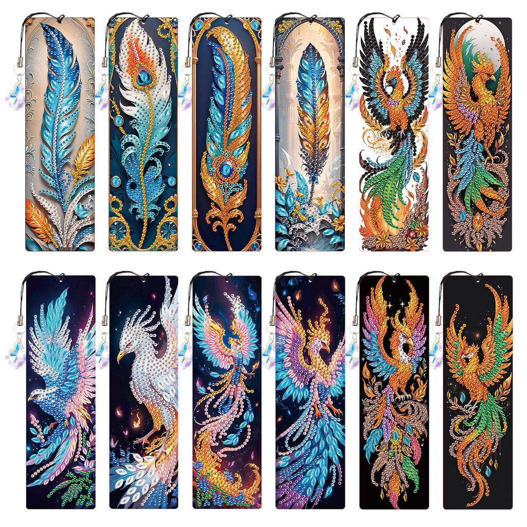 12Pcs DIY Diamond Painting Bookmark with Crystal Pendant Water Diamond Art Bookmark Gift for Book Lovers Mosaic Art Supplies