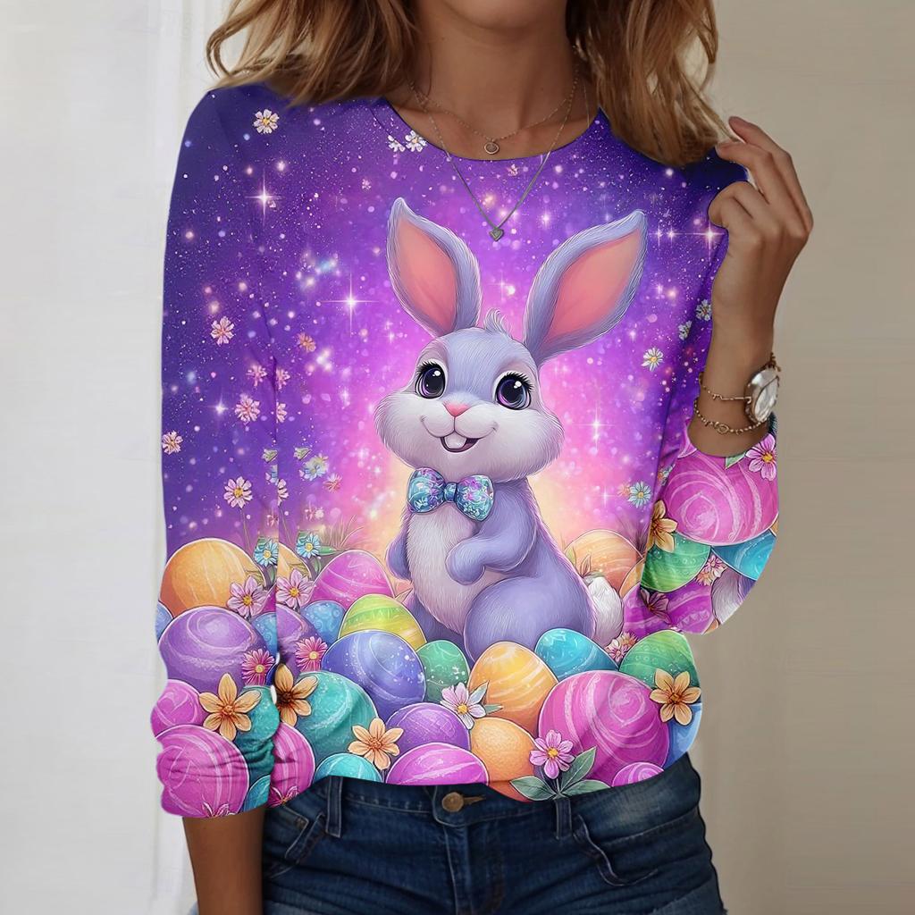 Women's Daily Casual Long Sleeved Easter Printed Round Neck Top