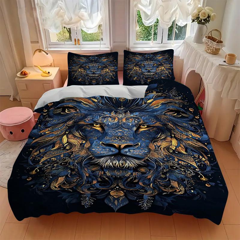 3pcs Blue and Gold Ornate Lion Portrait Print Bedding Set (1 Cover + 2 Pillowcases, Without Inserts), This Printed Bedding Set is Soft and