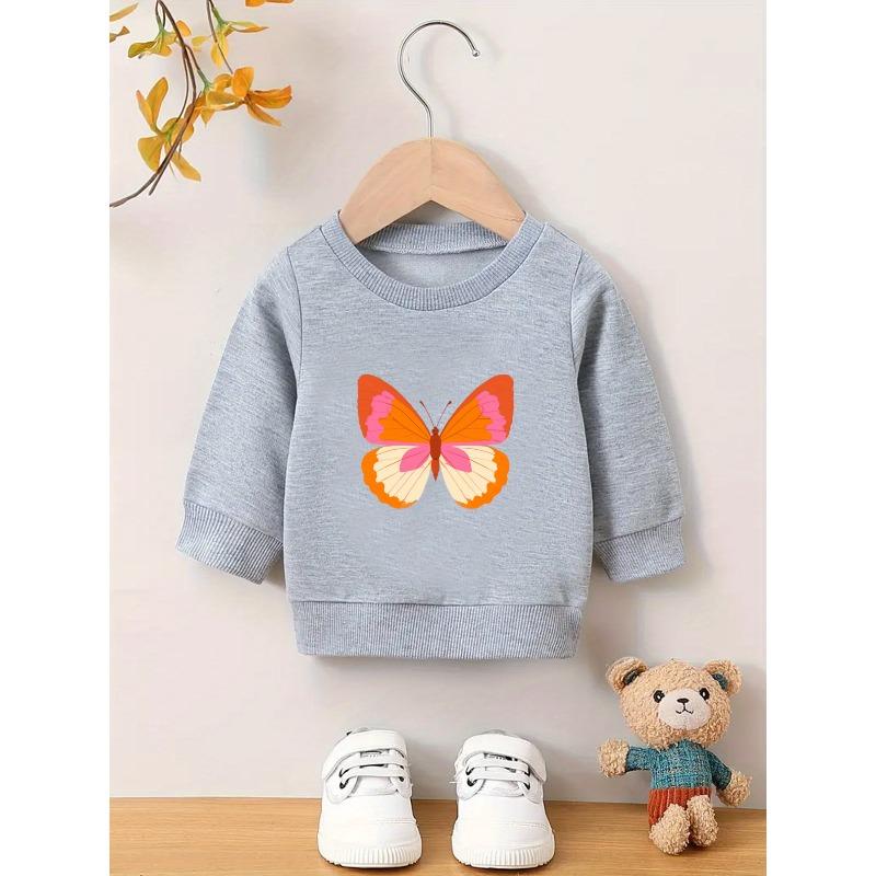 Baby Girls' Soft Pink Butterfly Cartoon Print Hoodie - Long Sleeve Round Neck Spring & Autumn Outfit