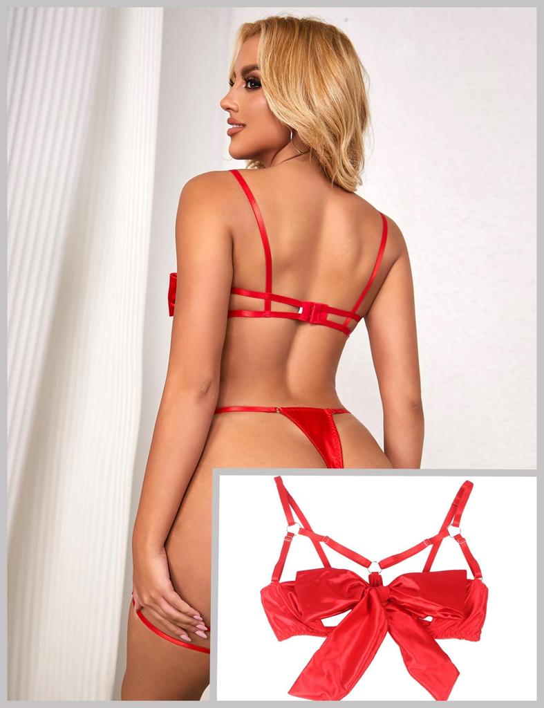 Ohyeahlady Sexy Lingerie Plus Size Satin Panties with Cute Leg Bra and Panties Size XL Women's Set, Rings, Set, Underwired, Red,