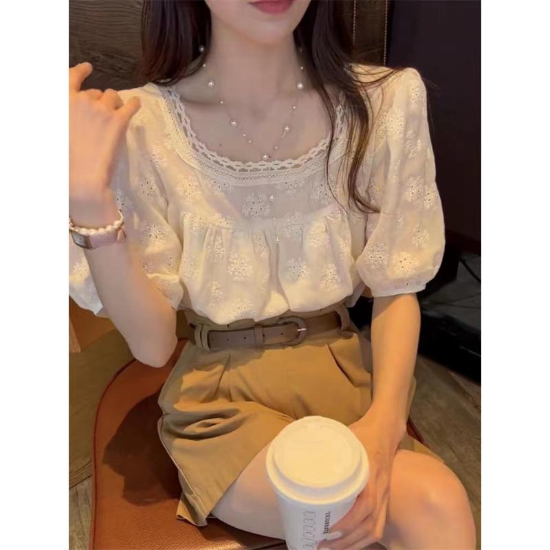 Summer Fashion Square Neck Lace Women Blouse Casual Sweet Loose Puff Short Sleeve Tops Solid Color Elegant Casual Hooked Flower Hollow Apricot Shirt