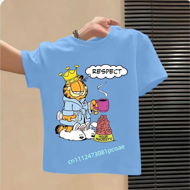 boys' sports shirt, girls' casual top with cartoon print, summer T-shirt Garfield's new children's pure polyester short-sleeved